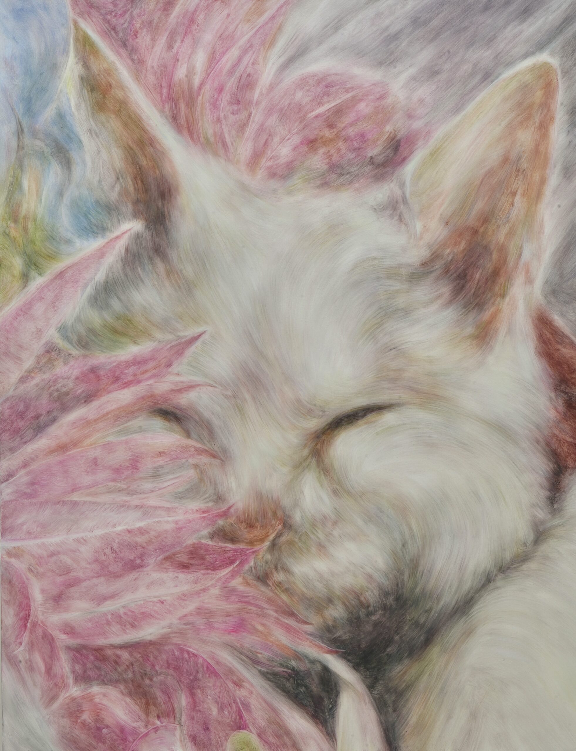 猫, 花群れ / Cat, Flowers, 2025, oil on canvas, 1455 × 1120 mm